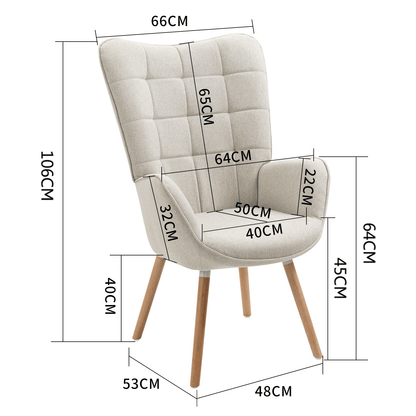 Fauteuil – Scandinavische Stoel – Relaxzetel – Armstoel – Leesstoel – Beige – Met Houten Poten – Hoog Zitcomfort – Breed Met Vleugelrugleuning