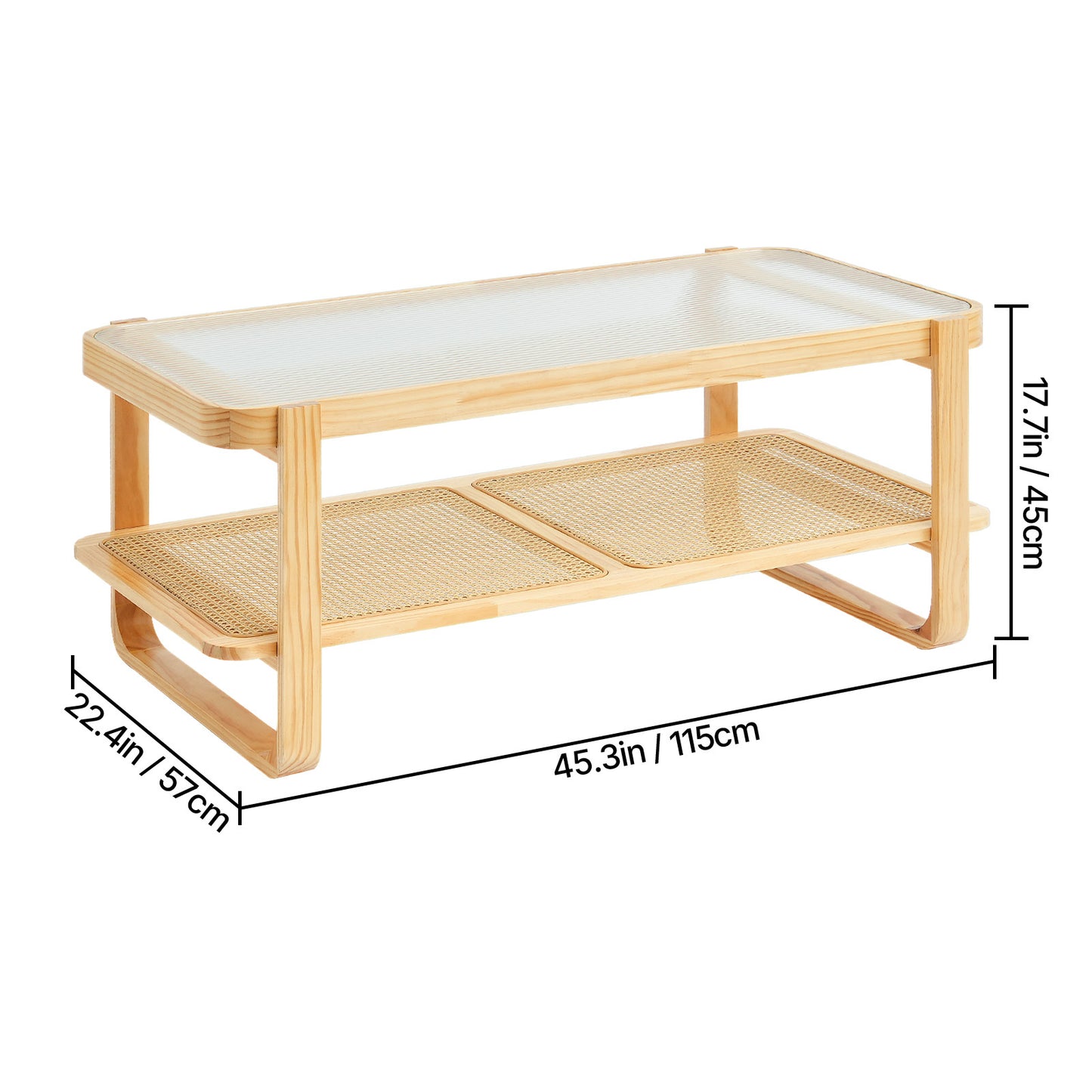 Rotan Bijzettafel – Salontafel – Rattan Tafel – Woonkamertafel – Opbergtafel – 114 cm – Handgevlochten Rattan & Gehards Glas