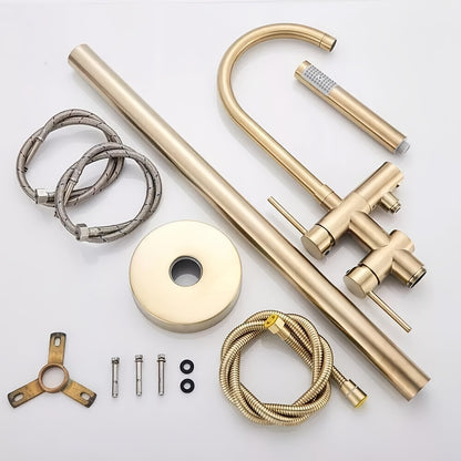 Vrijstaande Badkraan – Vloerkraan – Badmengkraan – Vloermontage Kraan – Staande Mengkraan – Geborsteld Goud – 118 cm Hoog – Keramische Valve