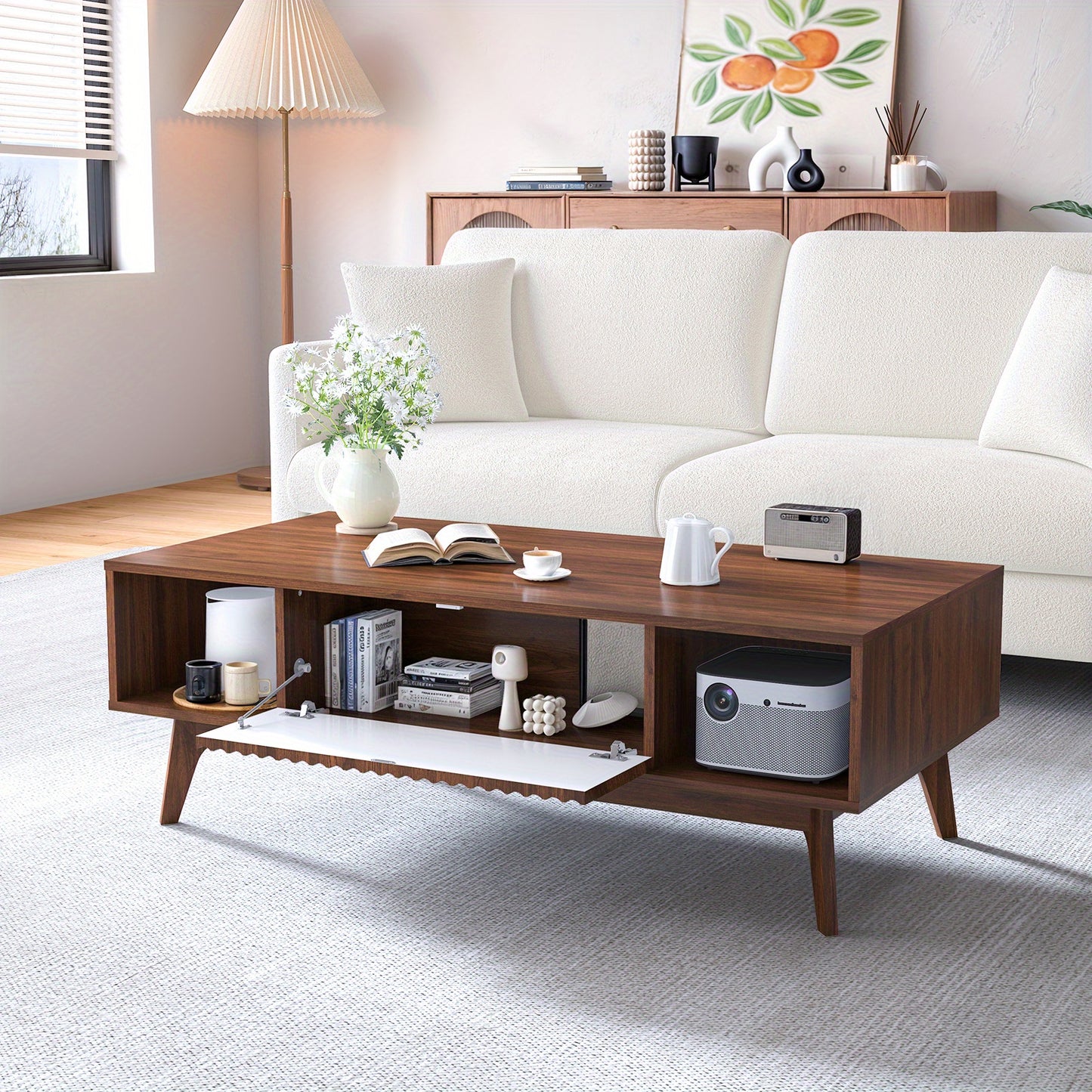 Salontafel – Woonkamertafel – Koffietafel – Tafel met Opbergruimte – Mid-Century Tafel – Notenhout Design – 2 Lades & 2 Open Vakken – Stevig MDF Metalen Poten