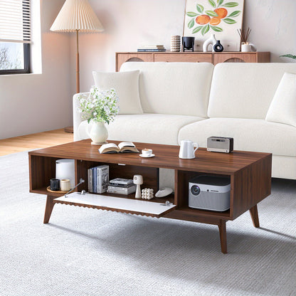 Salontafel – Woonkamertafel – Koffietafel – Tafel met Opbergruimte – Mid-Century Tafel – Notenhout Design – 2 Lades & 2 Open Vakken – Stevig MDF Metalen Poten