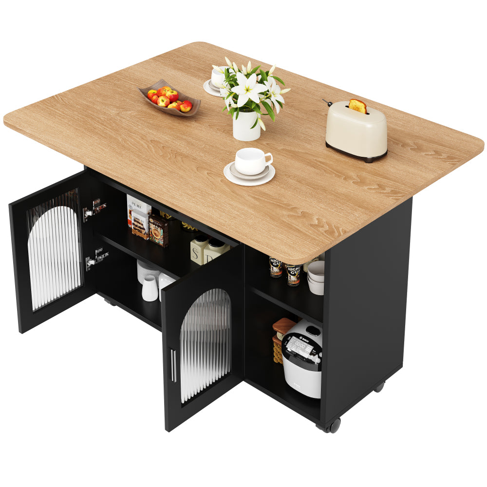 Modern Black Kitchen Island with Demountable Trolley - Heavy-Duty Metal Frame, White/Black Countertop, Multifunctional Mobile Cart, & Dining Table, Space-Saving Design for Small Kitchens, Easy Assembly (No Wood)
