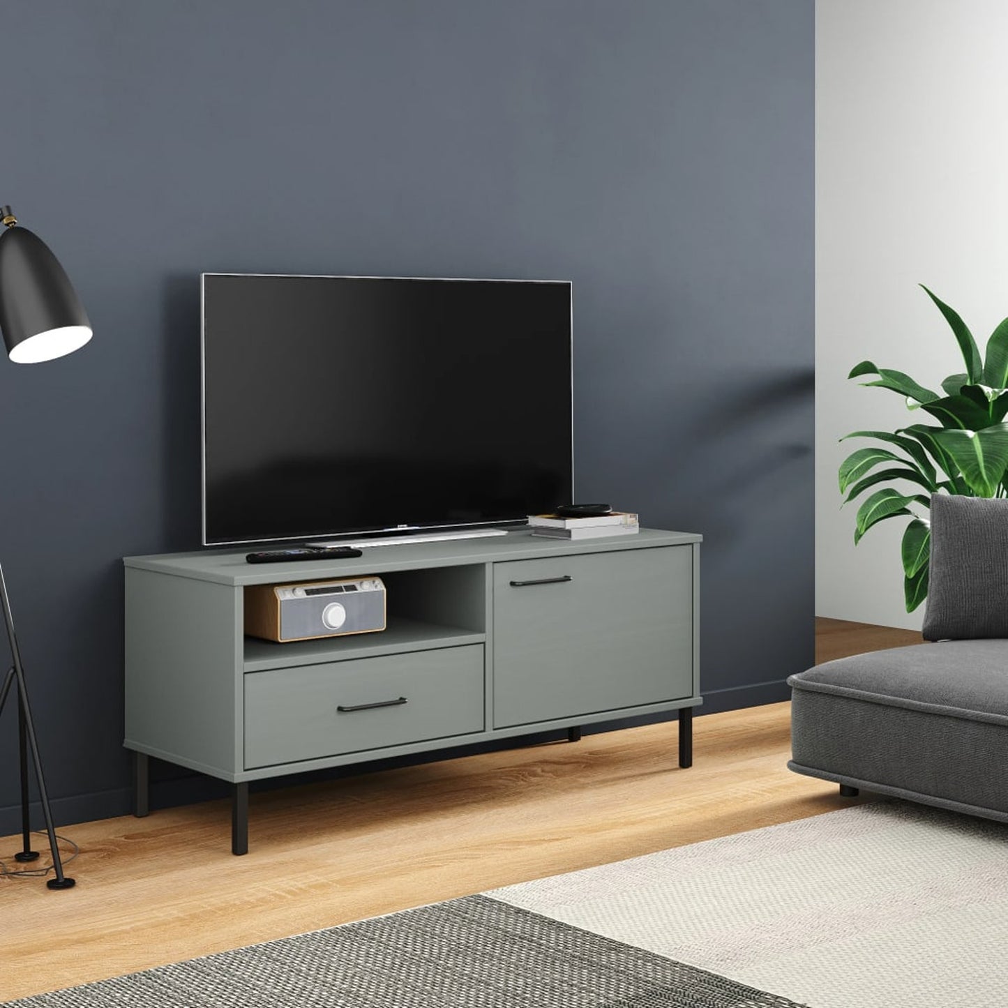 TV Cabinet with Metal Legs Grey Solid Wood Pine OSLO TV Stand Entertainment Center with Storage, Media Television Table for Living Room Bedroom