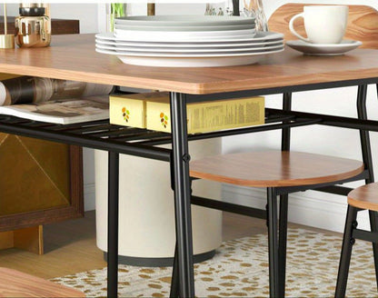 Eettafelset – Eettafel – Eetkamerset – Keukentafel – Tafelgroep – Lichtbruin Houten Tafelblad – Zwart Metalen Frame met Opbergrek