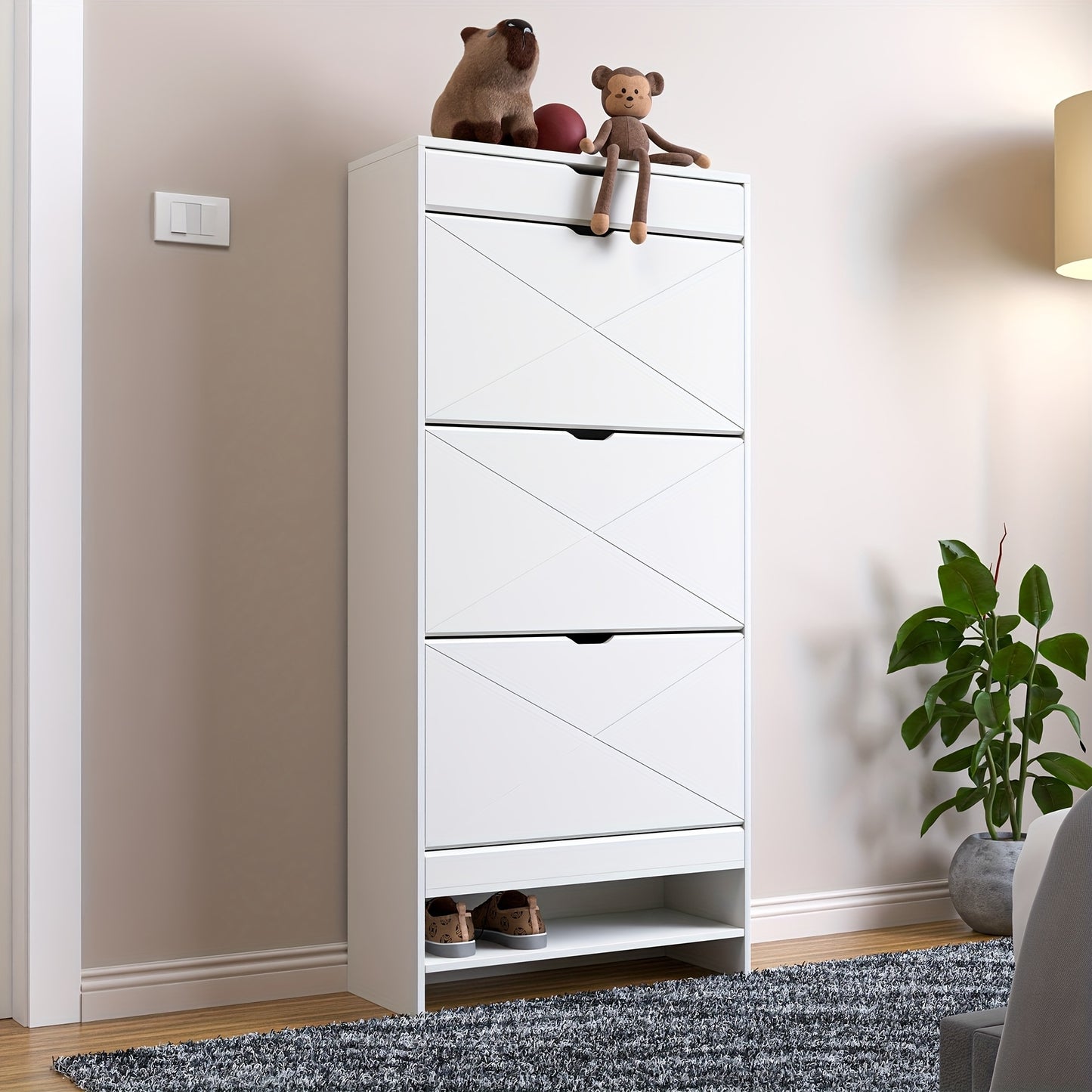 Schoenenkast – Schoenenrek – Schoenopberger – Schoenmeubel – Schoenentoren – Modern Design – 3 Draaibare Lade & 1 Vaste Plank – Wit – Ruimtebesparend