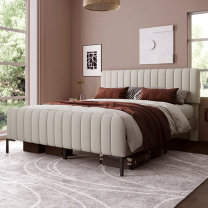 Gestoffeerd Tweepersoonsbed – Tweepersoonsbed – Bedframe – Slaapbed – Logeerbed – Grijs-Beige Linnen – Verstelbare Hoofdsteun – 160x200 cm