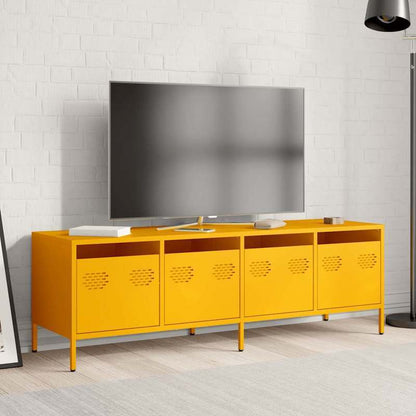 Tv-meubel – Tv-kast – TV-meubel – TV-kast – Meubel – Mosterdgeel – Modern Design – Koudgewalst Staal – 134x39x43 cm – Ruime Opbergruimte – Decoratieve Planken