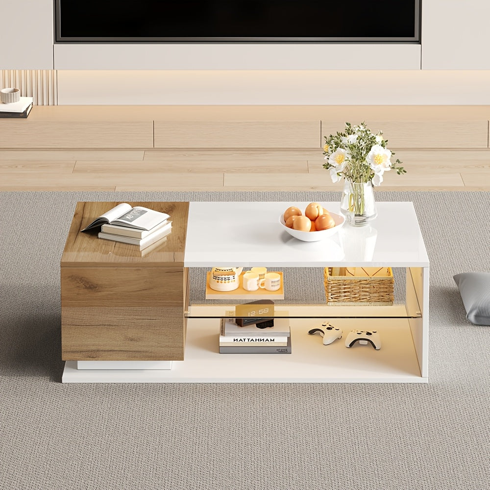 Salontafel – Koffietafel – Woonkamertafel – Tafeltje – Design Tafel – Two-Tone Hoogglans Glas – Compact Met Opbergruimte – Duurzaam & Eenvoudig Te Montateren
