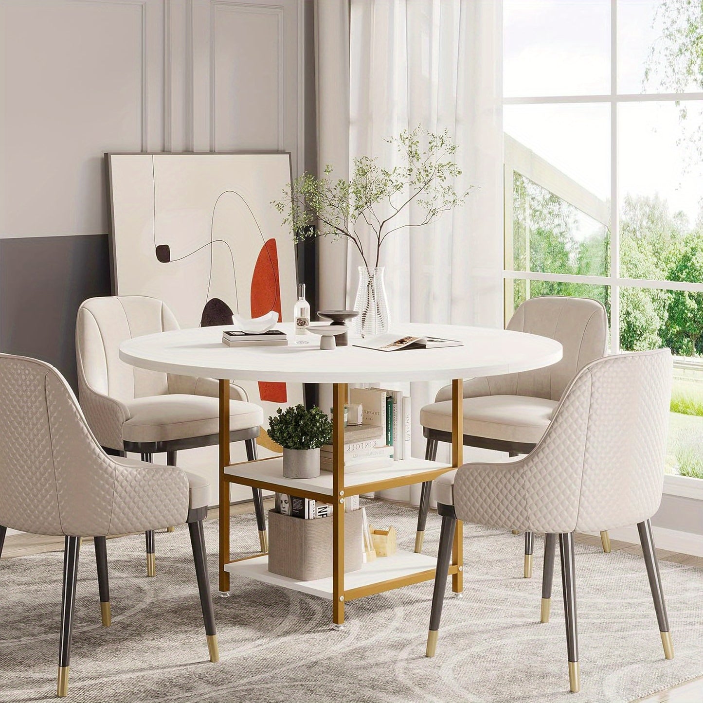 Ronde Eettafel – Keukentafel – Tafel Voor Eetkamer – Kleine Eettafel – Ronde Keukentafel Wit Goud – 47 Inch Voor 4 Personen – Met 2-Delige Opbergruimte – Duurzaam Engineered Hout