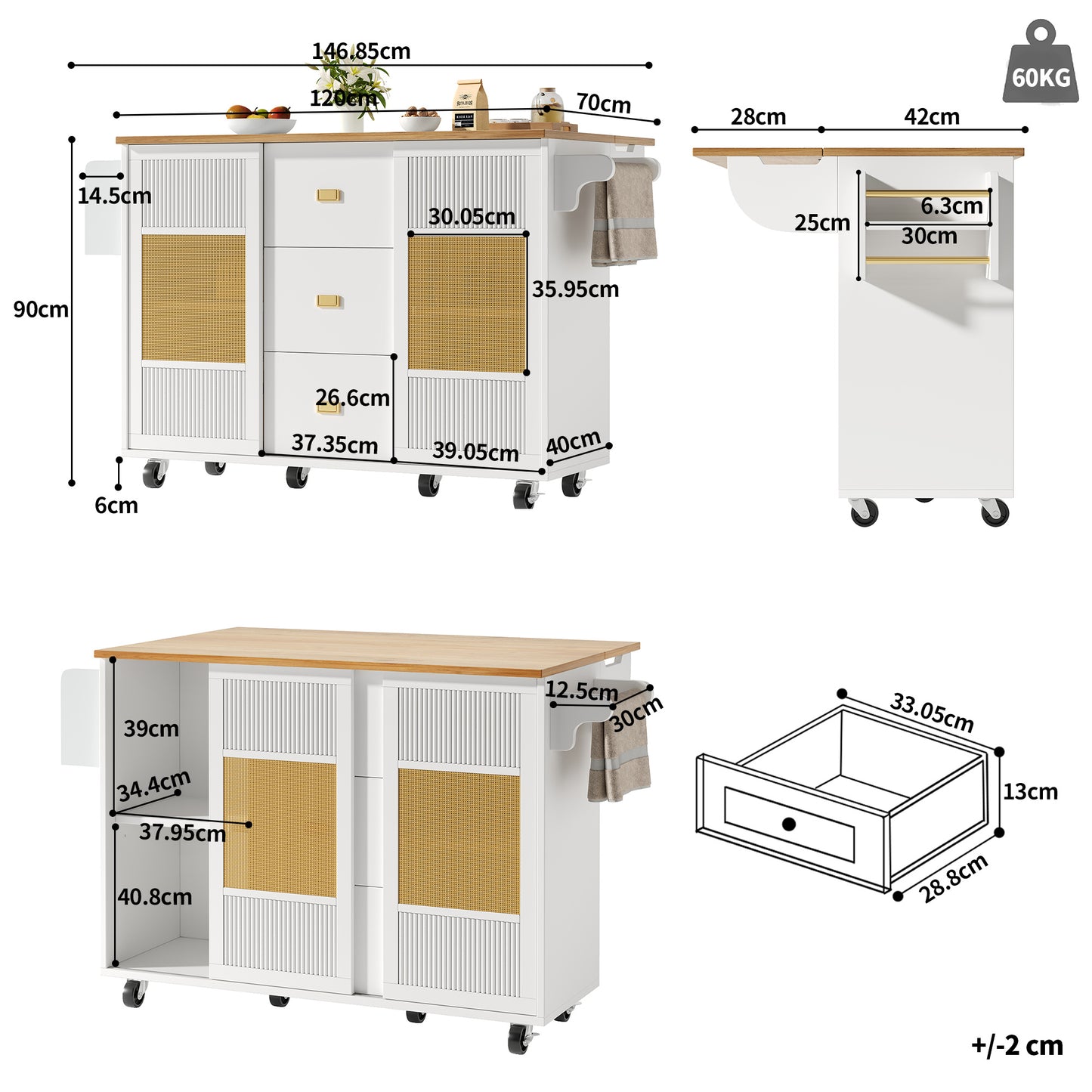 Keukenkar – Keukenwagen – Keukentrolley – Keukenmeubel – Keukenbuffet – Uitklapbaar Werkblad – Rattan Deuren Wit 146,85×42/70×90 cm