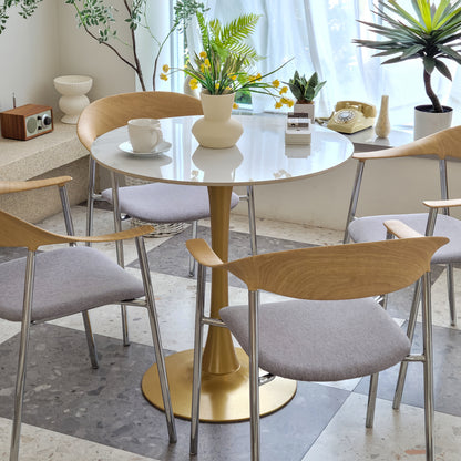 Ronde Eettafel – Eetkamertafel – Tafeltje – Dinetafel – Bistrotafel – Gouden Metalen Poten – Gesinterd Steen Blad – Kras- en Hittebestendig – 78 cm Hoog