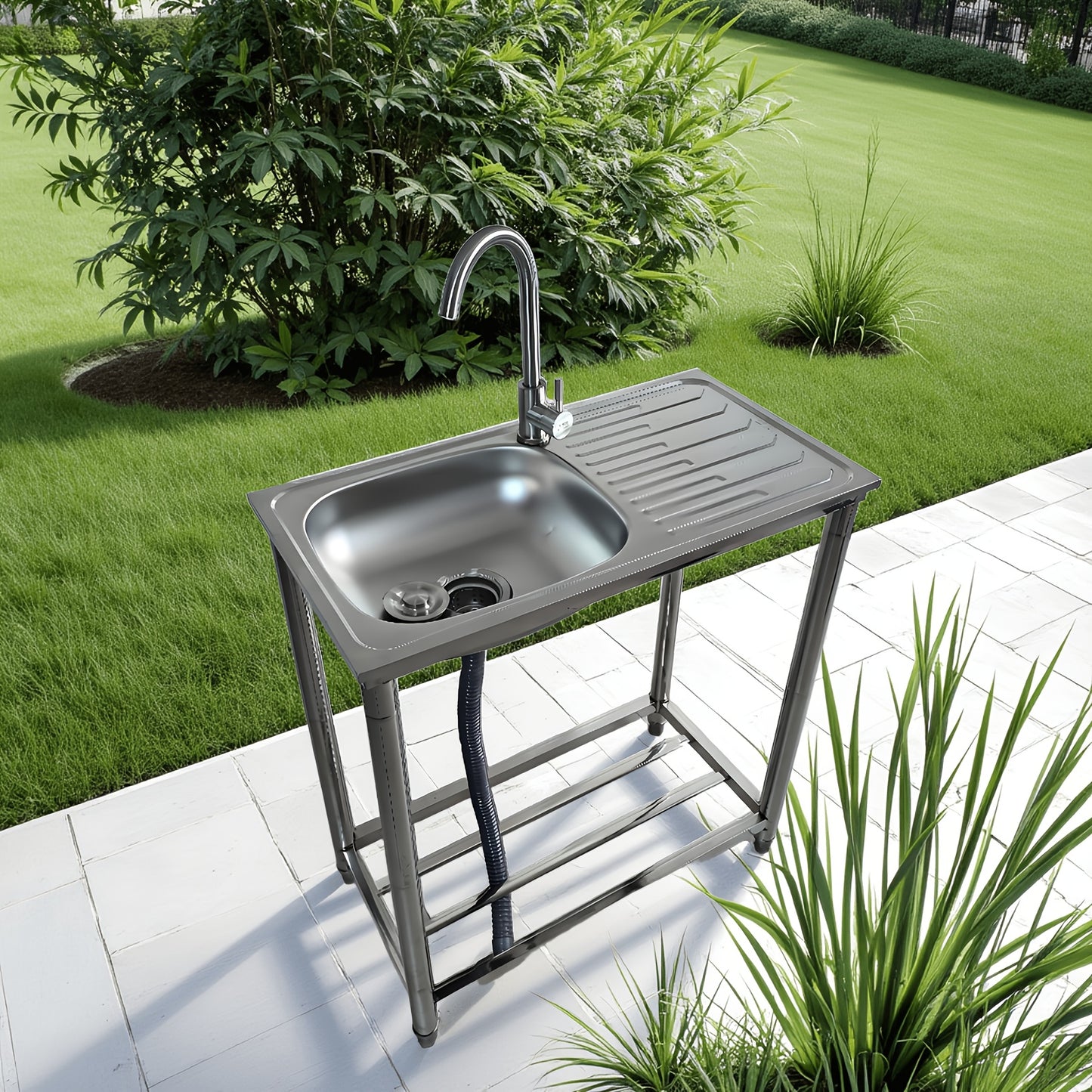 RVS Keukenspoelbak – Spoelbak Met Werkblad – Wasbak – Buitenkeuken Spoelbak – Vrijstaande Spoelbak – Roestvrij Staal – 75x40cm – Met Warm- En Koudwaterkraan – Duurzaam En Praktisch Design