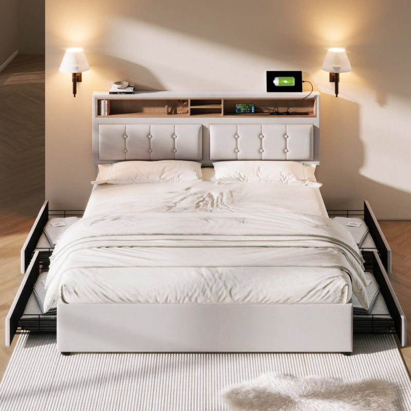 Bedkast – Tweepersoonsbed – Nachtkastje – Opbergbed – Slaapkamerkast – Verstelbaar Stoffen Hoofdbord – 4 Ruime Lades – 160x200 cm – Zonder Matras