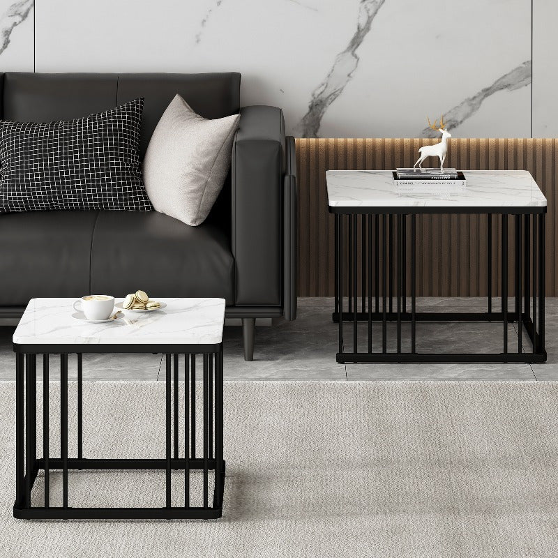 Koffietafel Set – Salontafel – Bijzettafel – Lounge Tafel – Woonkamertafel – Hoogglans Marmerlook – Verstelbare Pootjes – Metaal – 2-delig – 60x60x45 & 45x45x40 cm