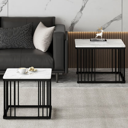 Koffietafel Set – Salontafel – Bijzettafel – Lounge Tafel – Woonkamertafel – Hoogglans Marmerlook – Verstelbare Pootjes – Metaal – 2-delig – 60x60x45 & 45x45x40 cm