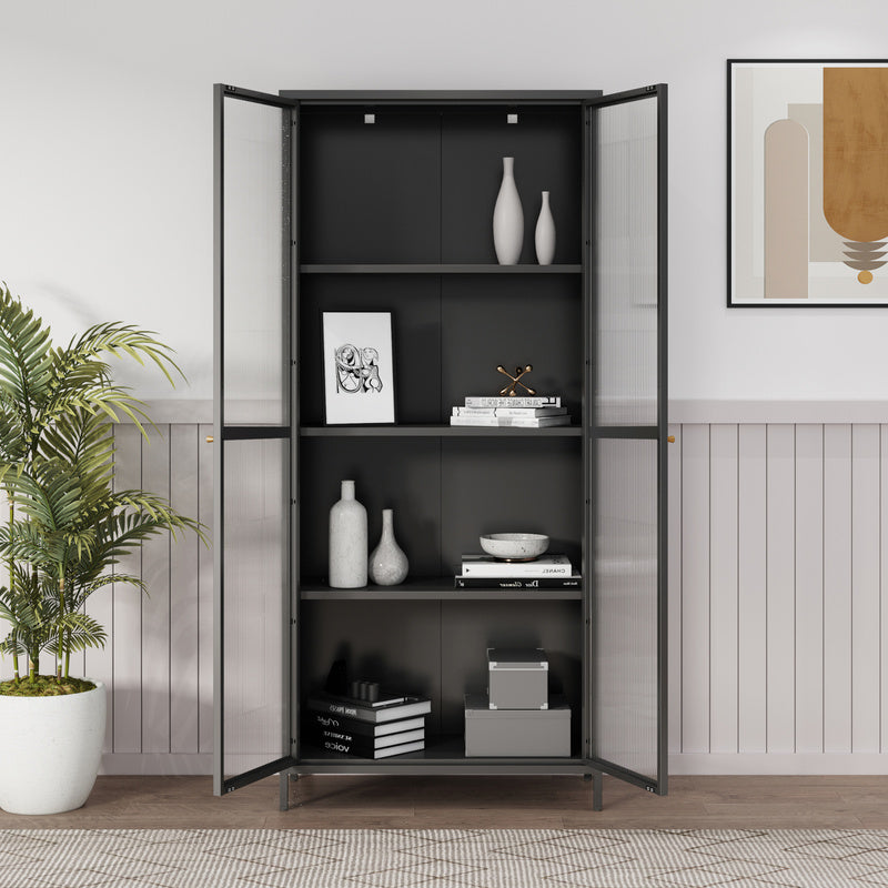 Vitrinekast – Vitrinekasten – Opbergkast – Displaykast – Glasdeurkast – Zwart – Staal – 180x80x35 cm – 4 Legplanken – Geribd Glas