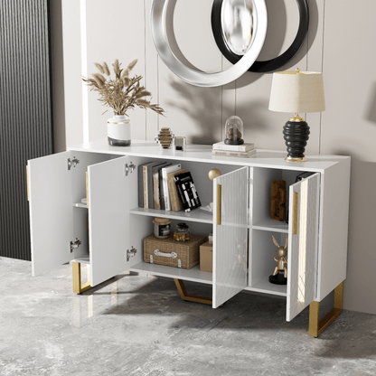 Dressoir – Ladekast – Opbergkast – Buffetkast – Kast – Hoogglans Wit – 4 Deuren – Metaal Handvatten & Poten – Geometrisch Design – 140x40x80 cm