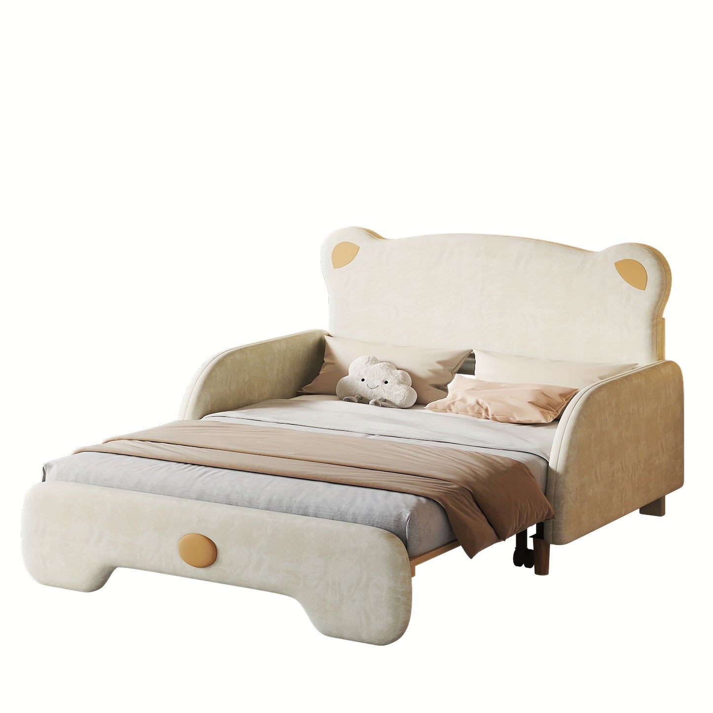 Berenbed – Berenbedbank – Kinderbed – Slaapbank – Uitschuifbed – Beige Kleur – Zachte Beschermranden – Duurzaam Bamboe Materiaal