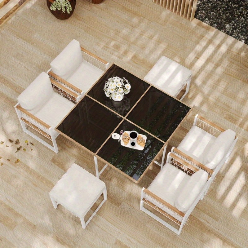 Tuinset – Diningset – Bistroset – Buitenmeubelset – Loungeset – 7-delig – 6 Personen – Tafel met Gehard Glas – Stoelen met PE Rattan en Acacia Hout