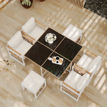 Tuinset – Diningset – Bistroset – Buitenmeubelset – Loungeset – 7-delig – 6 Personen – Tafel met Gehard Glas – Stoelen met PE Rattan en Acacia Hout