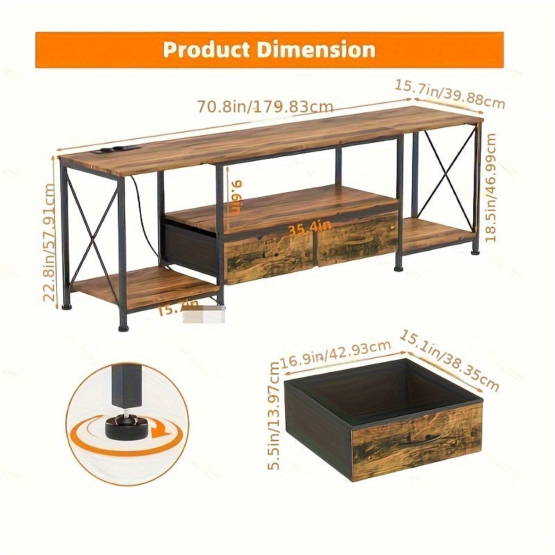 Rustic Industrial Style TV Cabinet 180x40x58cm | Solid Wood with 2 Drawers And Multi-layer Storage Shelves | Low-profile Media Console for European Living Rooms