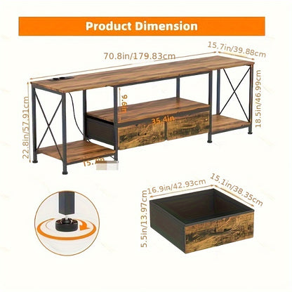 Rustic Industrial Style TV Cabinet 180x40x58cm | Solid Wood with 2 Drawers And Multi-layer Storage Shelves | Low-profile Media Console for European Living Rooms