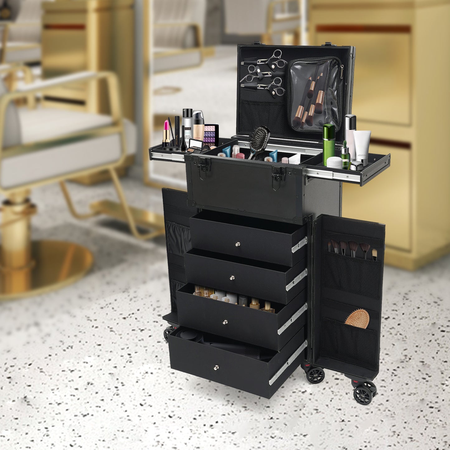 Make-up koffer – Make-up trolley – Cosmetica koffer – Beautycase – Visagiekoffer – Verstelbare hoogte – 360° draaibare wieltjes – Harde ABS buitenkant – Sleutelslot – Zwart