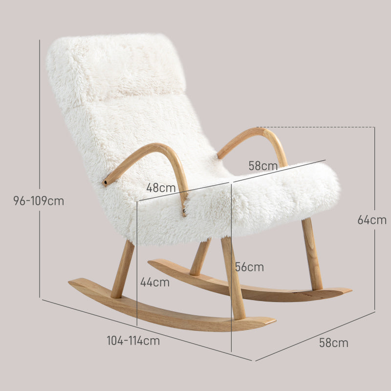 Schommelstoel – Relaxstoel – Rocking Chair – Lounge Stoel – Schommelstoel Wit – Zachte Fleece Bekleding – Stevig Houten Frame – Verstelbare Hoofdsteun – Max 120 kg