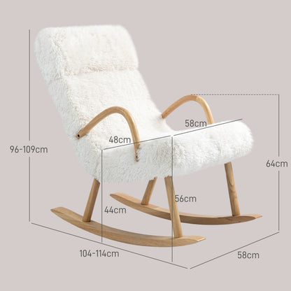 Schommelstoel – Relaxstoel – Rocking Chair – Lounge Stoel – Schommelstoel Wit – Zachte Fleece Bekleding – Stevig Houten Frame – Verstelbare Hoofdsteun – Max 120 kg