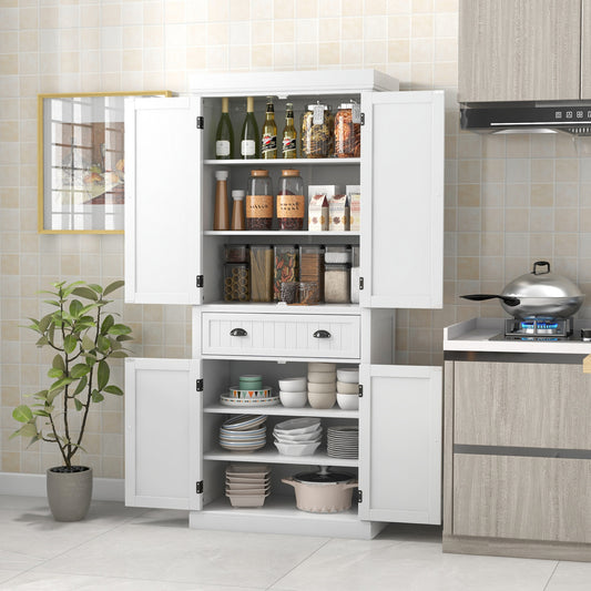 Hoge Opbergkast – Opbergmeubel – Dressoir – Kast Met Lade – Keukenkast – 4 Deuren En 2 Lades – In Hoogte Verstelbare Planken – Massief Houten Design – Wit