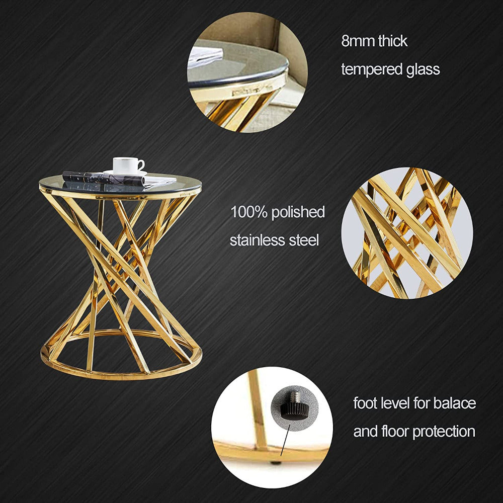 Ronde Salontafel – Bijzettafel – Side Table – Woonkamer Tafel – Nachtkastje – Gouden Metalen Frame – Geharde Glasplaat – Modern Art Deco – 55 cm Hoog – Duurzaam & Krasbestendig