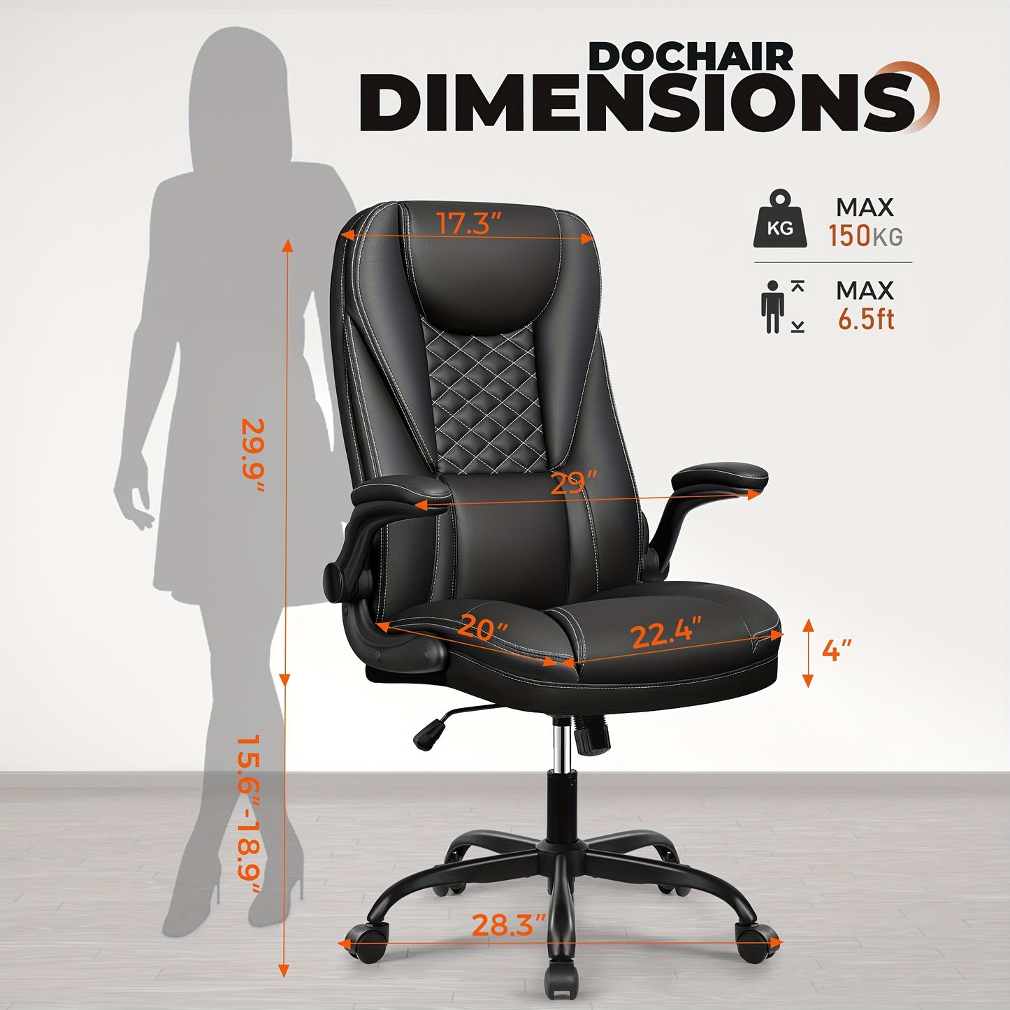 KERDOM Heavy Duty Executive Office Chair - Extra Wide Big and Tall Computer Desk Chair with Ergonomic High Back Support, Height-Adjustable, 135° Tilt & Rocker Mechanism, Lumbar Cushion, Flip-Up Arms, Heavy Duty 150kg/330lbs