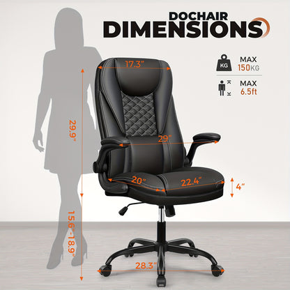 KERDOM Heavy Duty Executive Office Chair - Extra Wide Big and Tall Computer Desk Chair with Ergonomic High Back Support, Height-Adjustable, 135° Tilt & Rocker Mechanism, Lumbar Cushion, Flip-Up Arms, Heavy Duty 150kg/330lbs