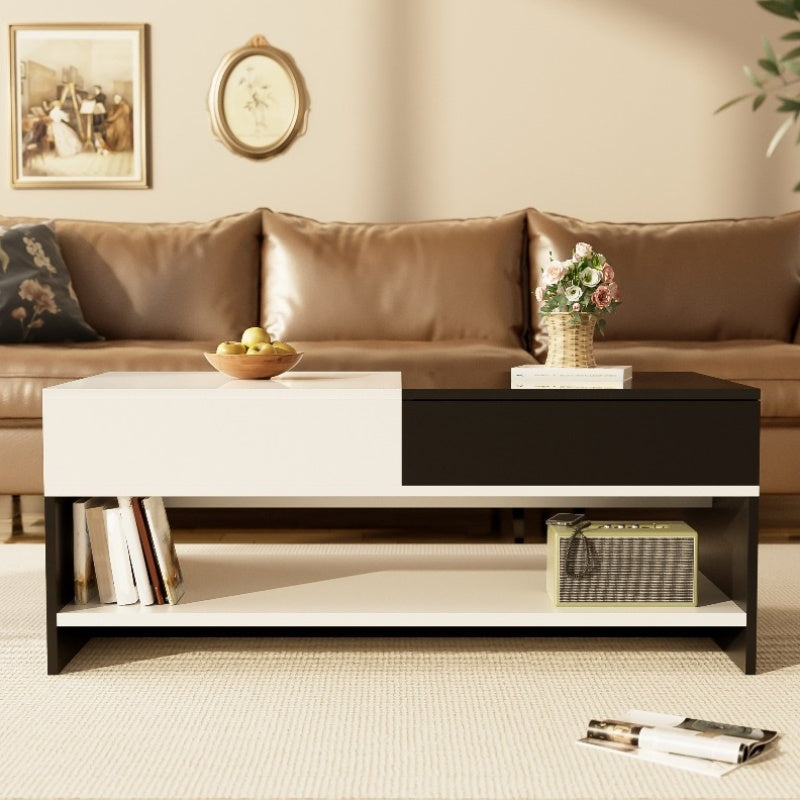 Salontafel – Koffietafel – Tafel – Woonkamertafel – Opbergtafel – Retro-Modern Design – 2 Laden Opbergruimte – Hoogglans Zwart-Wit – Ruim 100 cm – Direct Gebruiksklaar – Duurzaam Materiaal