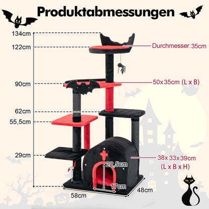 Gothic Kattenklimrek – Kattenboom – Kattenhuis – Krabpaal – Kattenmeubel – Rood/Zwart – 6 Niveaus – Zachte Ligplek 50x35 cm