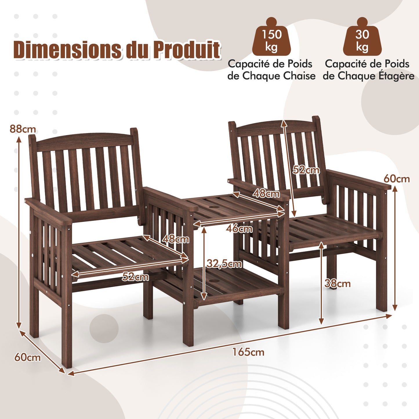 Tuinbank – Buitenbank – Zitbank – Buitenmeubel – 2-zits bank – Duurzaam Grenenhout – 2-laagse Tafel Met Parasolgat 5 cm