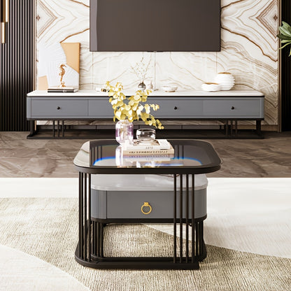 Salontafel – Koffietafel – Woonkamertafel – Bijzettafel – Lounge Tafel – Uitklapbaar – Wit Marmerlook Glasblad met Zwarte Metalen Poot – Verborgen Opberglades