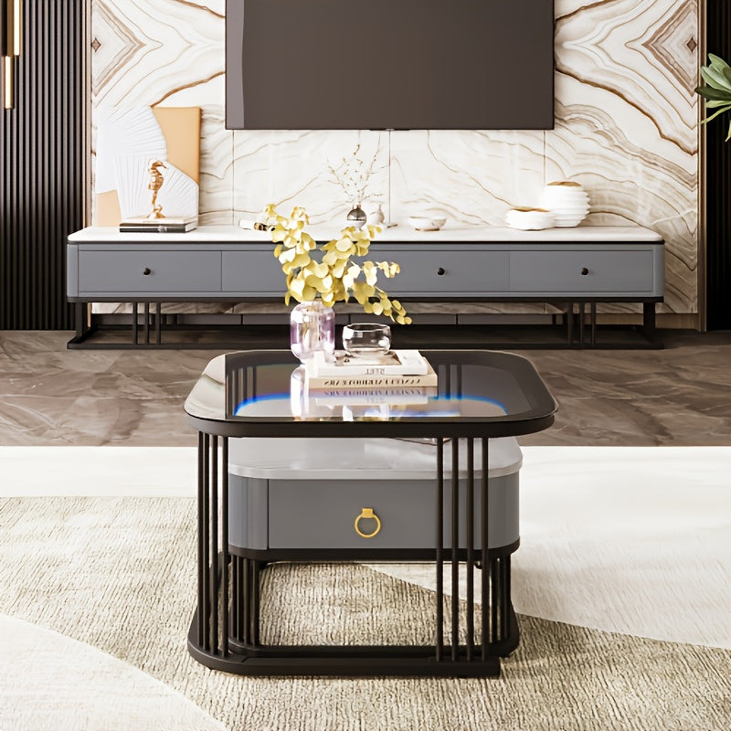 Salontafel – Woonkamertafel – Koffietafel – Bijzettafel – Middentafel – Uitbreidbaar – Marmerlook Glasblad – Zwart Metalen Frame – Verborgen Opberglades – Duurzaam & Makkelijk Schoon Te Maken
