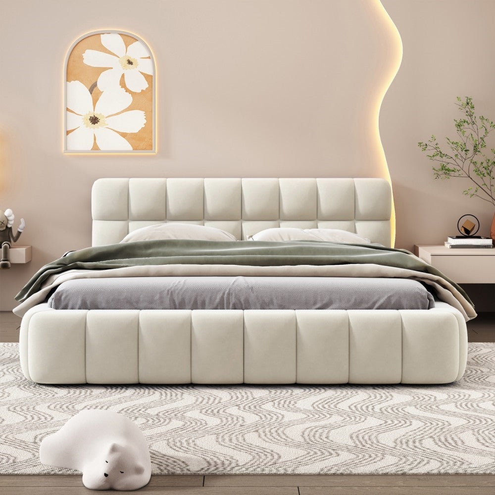 Tweepersoonsbed – Gestoffeerd Bed – Bedframe – Slaapbank – Boxspring – 140x190 cm – Ademend Linnen Stof – Comfortabel Hoofdbord