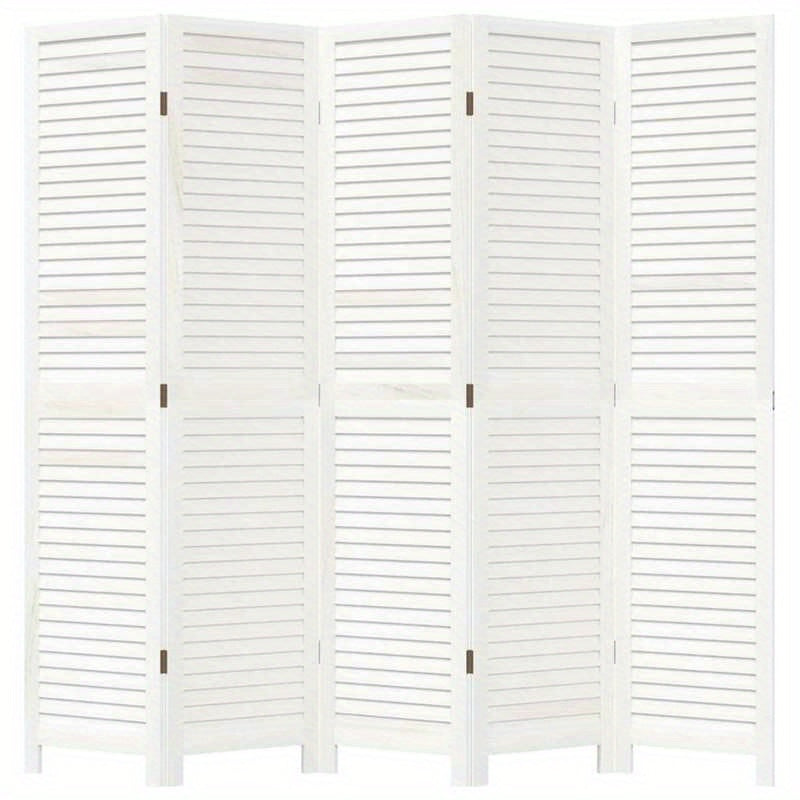 5-Panel White Paulownia Wood Room Screen - Elegant Privacy Divider for Bedrooms, Living Rooms, Offices with Vertical Striped Design and Golden Accents
