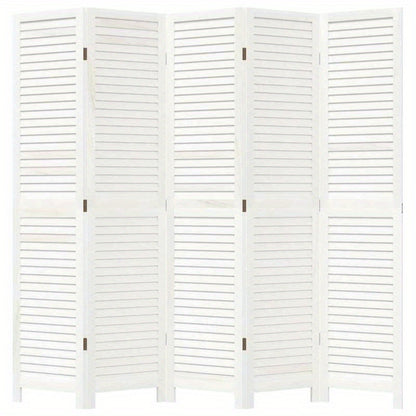 5-Panel White Paulownia Wood Room Screen - Elegant Privacy Divider for Bedrooms, Living Rooms, Offices with Vertical Striped Design and Golden Accents