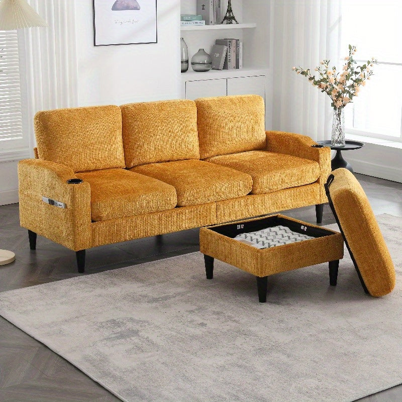 4-zits sofa – bank – zitbank – lounge bank – hoekbank – fluweelachtige bekleding – opberghocker met bekerhouders