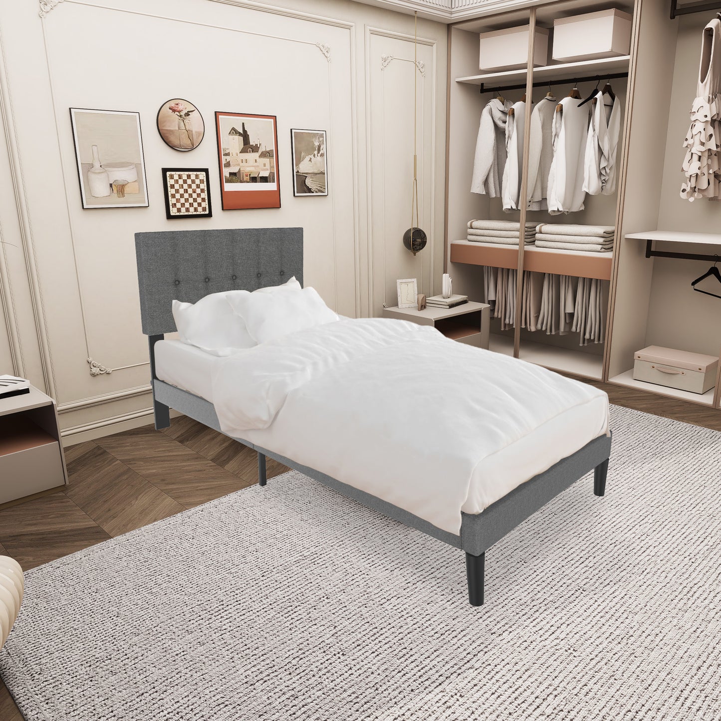 Bedframe – Logeerbed – Metalen Bed – Gestoffeerd Bed – Bedbodem – Linnen Hoofdeinde – 12 Latten – Max. Belastbaarheid 300 kg