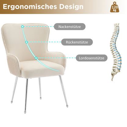 Velvet Fauteuil – Fluwelen Stoel – Lounge Stoel – Leunstoel – Beige Fauteuil – Met Metalen Poten – Ergonomische Lendensteun