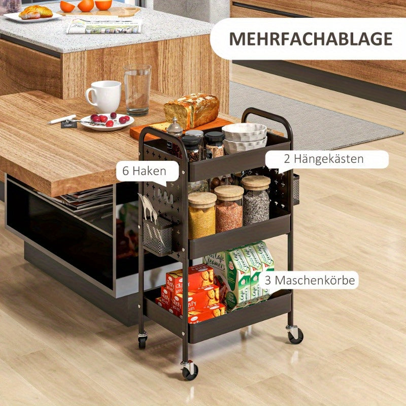 Opbergwagen – Serveerwagen – Keukenwagen – Trolley – Zwenkwielwagen – RVS Zwart – 3 Laags Met 2 Zijmandjes