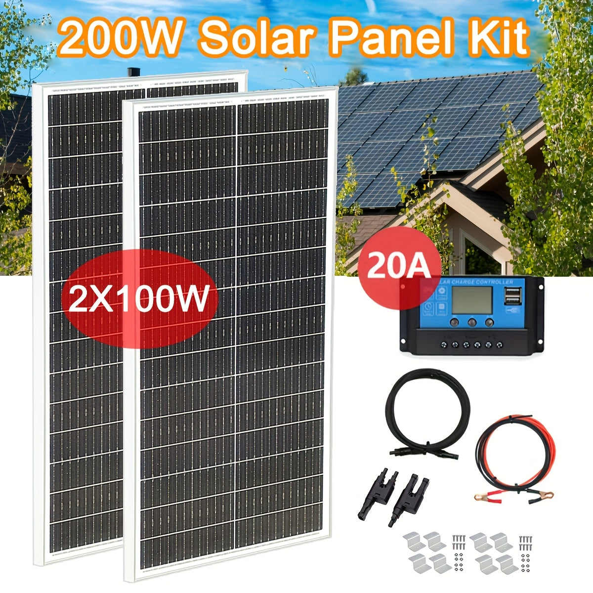 Zonnepaneel Kit – Zonnepanelen Set – Zonnepaneel Pakket – Solar Panel Systeem – Off-Grid Zonnepaneel – 200W Monokristallijn – 20A Laadregelaar