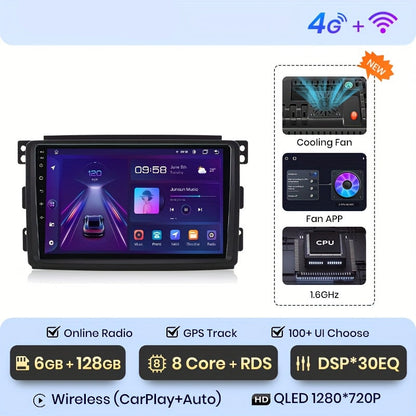 Autoradio Smart Fortwo – Carplay Radio – Multimedia Speler – Navigatie Systeem – 2-DIN Touchscreen – 9 Inch Scherm – 6GB RAM 128GB Opslag – 4G Verbinding