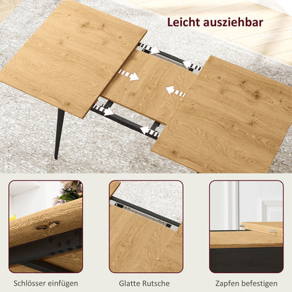 Uitbreidbare Eettafel – Uitschuifbare Tafel – Eetkamertafel – Keukentafel – Verlengbare Tafel – Natuurlijke Houtlook – Stevige Stalen Pooten – Van 120 Tot 160 cm