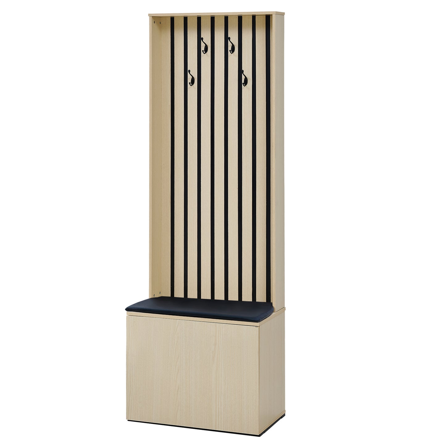 BTM Hallway Coat Rack, Coat Panel with Bench and Storage Space, Wood-Look Coat Furniture with 4 Hooks and Soft Cushion, Modern Design, 179.5 cm