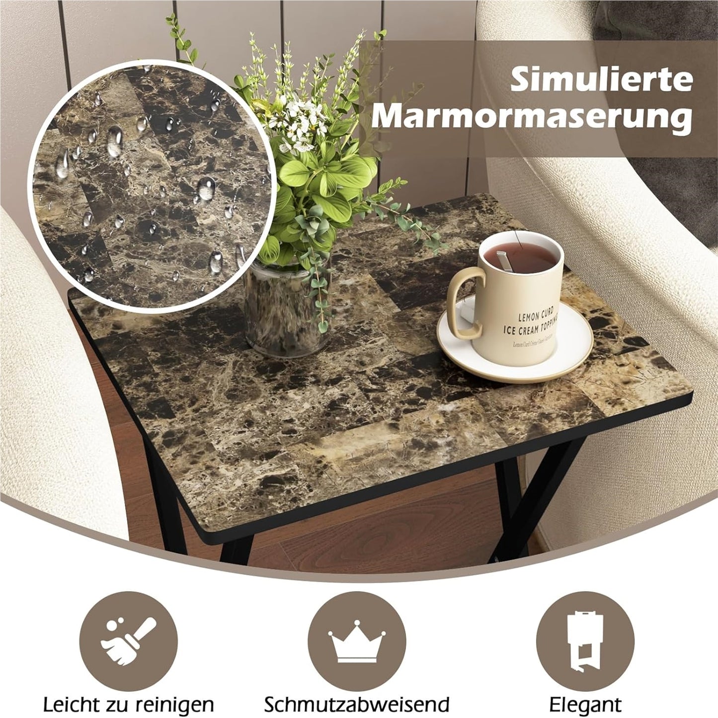Vouwtafels – Opvouwbare Tafels – Opklapbare Bijzettafels – Bistrotafels – Tuin- en Balkon Tafels – Rubberhout Frame – Waterbestendige Marmerlook Werkblad – Set Van 4 – Draagbaar Met Handvat